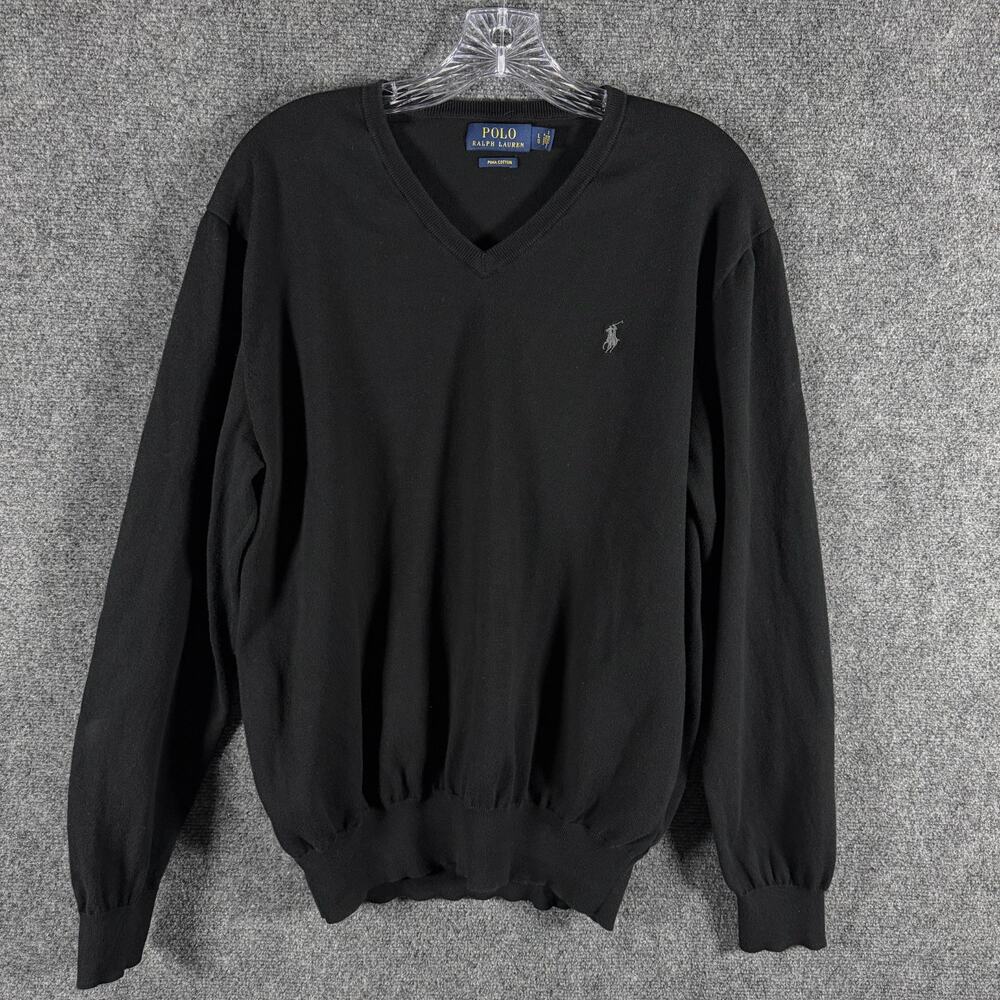 Polo Ralph Lauren Sweater Mens L Black Pima Cotton V Neck LS Pullover Gray Pony